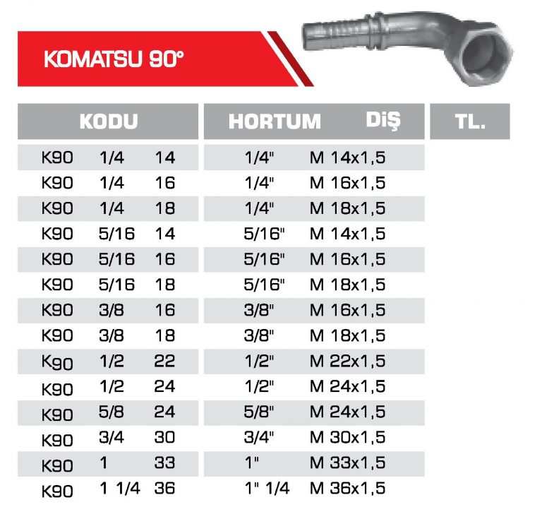 Komatsu 90 Derece Hidrolik Rakor